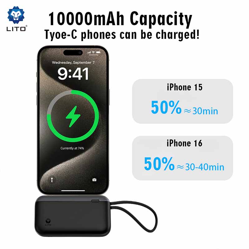 LP10 22.5w fast charging portablLito e slim mini power bank 10000mah for mobile phone with cable