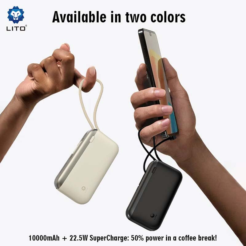 LP10 22.5w fast charging portablLito e slim mini power bank 10000mah for mobile phone with cable