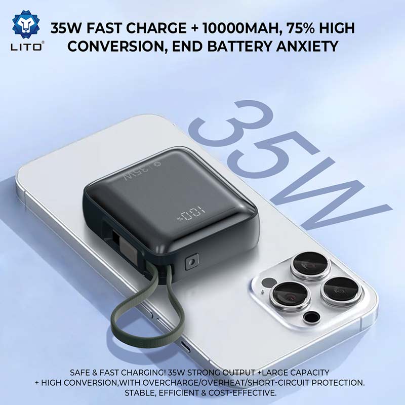 LITO LP12 35W 10000mAh Fast Charging Mini Power Bank with Built-in Type-C Cable