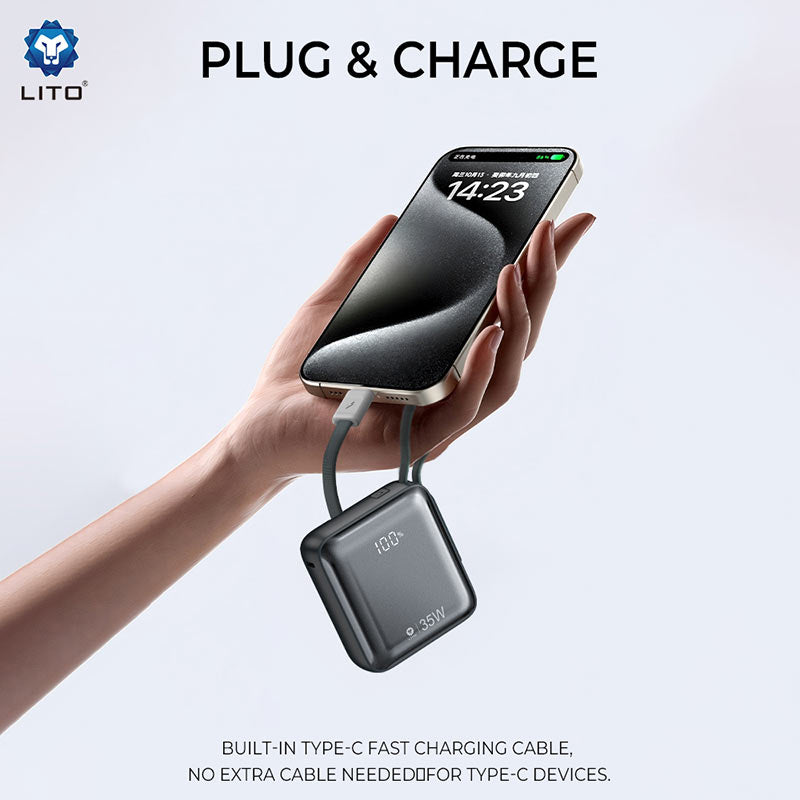 LITO LP12 35W 10000mAh Fast Charging Mini Power Bank with Built-in Type-C Cable