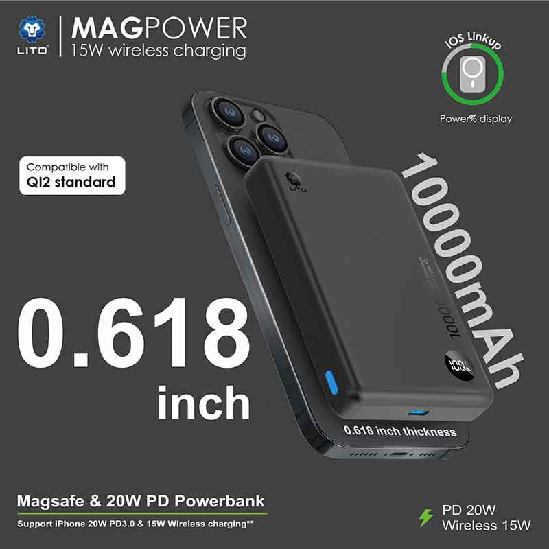 LITO LP08 10000mah Portable Slim Magnetic Wireless Magsafe Power Bank with Display